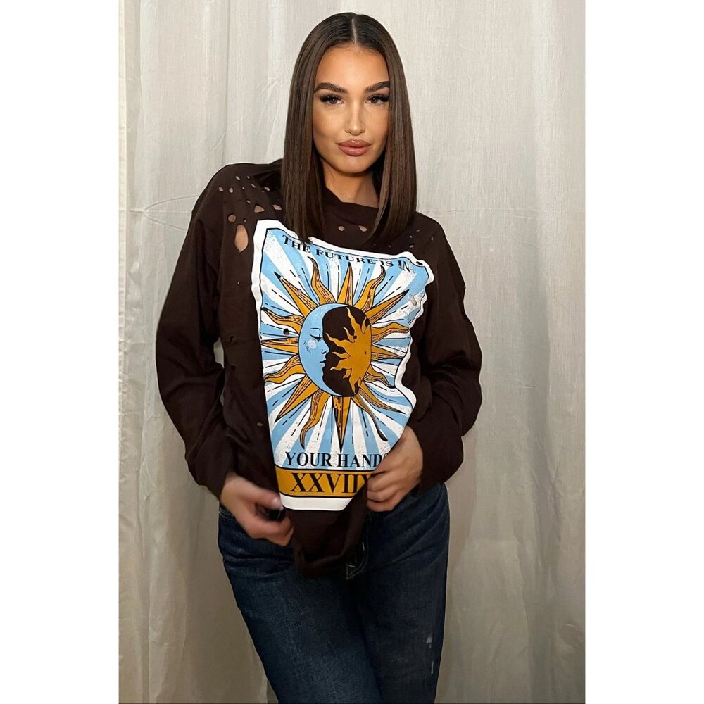 Fashion Nova ✦ Future In Your Hands Tarot Top ✦ Brown Distressed Oversized Tunic - Picture 6 of 10
